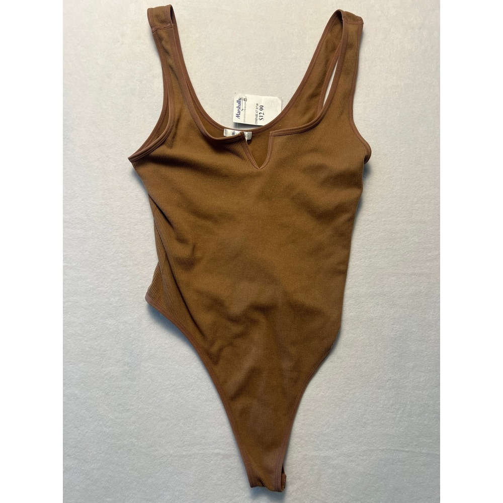 Bozzolo M/L Bodysuit Ribbed Basic Minimalist Brown Notched Neck Thong Back Chic